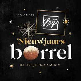 Uitnodiging nieuwjaarsborrel champagne oliebol sterren goud