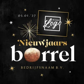 Uitnodiging nieuwjaarsborrel champagne oliebol sterren goud