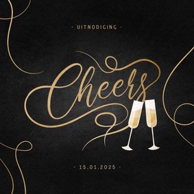 Uitnodiging nieuwjaarsborrel met gouden linten en cheers