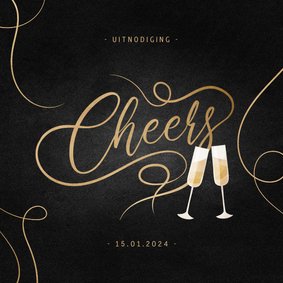 Uitnodiging nieuwjaarsborrel met gouden linten en cheers