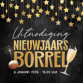 Uitnodiging nieuwjaarsborrel sterren champagne oliebol