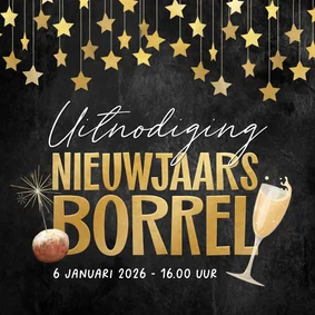 Uitnodiging nieuwjaarsborrel sterren champagne oliebol