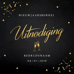 Uitnodiging nieuwjaarsborrel zwart goudlook sterren 2026