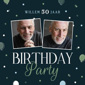 Uitnodiging party blauwe ballonnen met foto's confetti groen