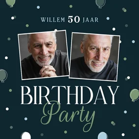 Uitnodiging party blauwe ballonnen met foto's confetti groen