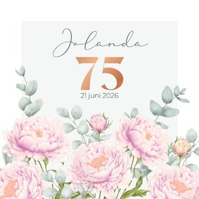 Uitnodiging roze pioenrozen met eucalyptus