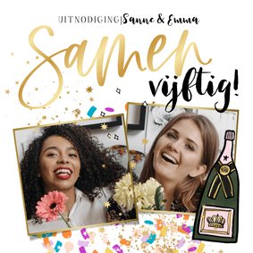 Uitnodiging samen 50 verjaardagsfeest goudlook champagnefles