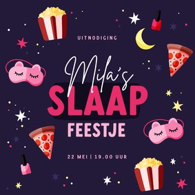 Uitnodiging slaapfeestje slaapmaskers make up en sterren