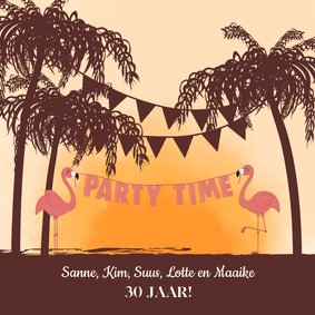 Uitnodiging strandfeest palmbomen flamingo en slingers