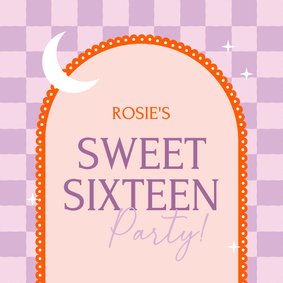 Uitnodiging sweet sixteen paarse ruitjes boogje maan sterren