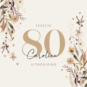Uitnodiging tachtig jaar met bloemen en hartjes