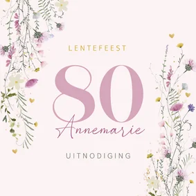Uitnodiging tachtig jaar met lente bloemen en hartjes