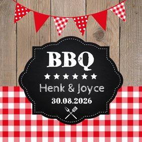 Uitnodiging tuinfeest BBQ houtprint slinger