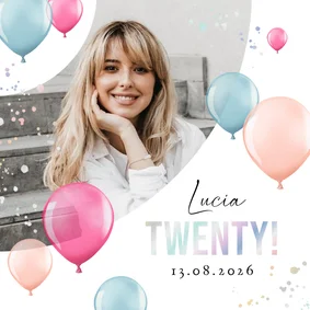 Uitnodiging twenty verjaardagsfeest ballonnen holografisch