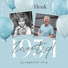 Uitnodiging verjaardag 70 jaar 1954 ballonnen blauw fotos