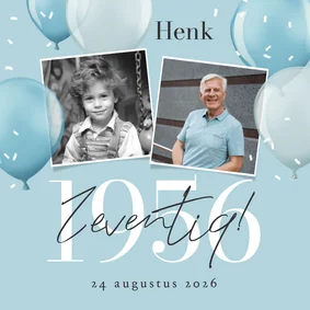 Uitnodiging verjaardag 70 jaar 1956 ballonnen blauw fotos