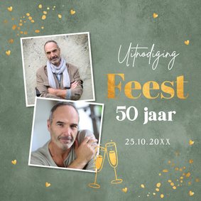 Uitnodiging verjaardag feest man groen met foto goudlook