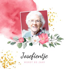 Uitnodiging verjaardag vrouw met waterverf, bloemen en foto