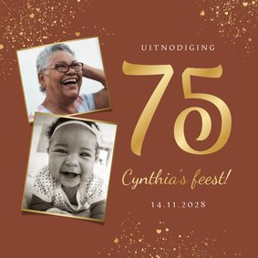 Uitnodiging verjaardagsfeest 75 jaar goud hartjes foto