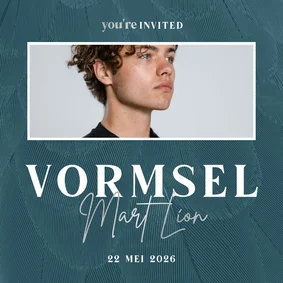 Uitnodiging vormsel blauw stijlvol met veren