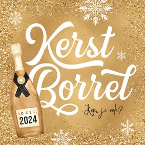 Uitnodiging zakelijke kerstborrel champagne goud sneeuw