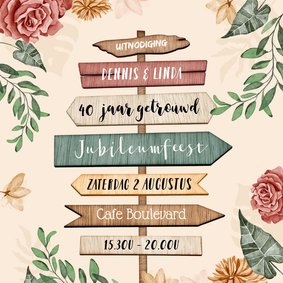 Uitnodigingskaart 40 jarig jubileum wegwijzers bloemen