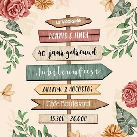 Uitnodigingskaart 40 jarig jubileum wegwijzers bloemen