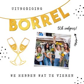 Uitnodigingskaart borrel slinger goud champagne foto