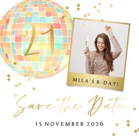 Uitnodigingskaart feestje disco foto save the date confetti 
