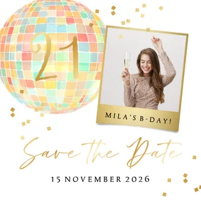 Uitnodigingskaart feestje disco foto save the date confetti 
