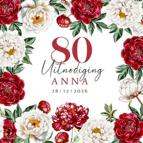 Uitnodigingskaart met rode en witte pioenrozen