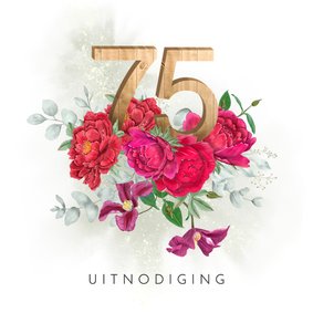 Uitnodigingskaart rode pioenrozen 75 jaar in hout