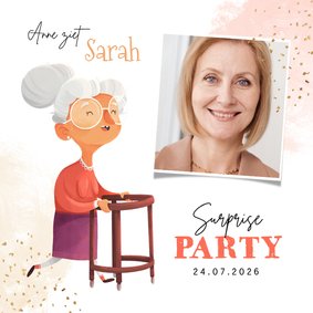 Uitnodigingskaart Sarah 50 jaar surprise grappig foto