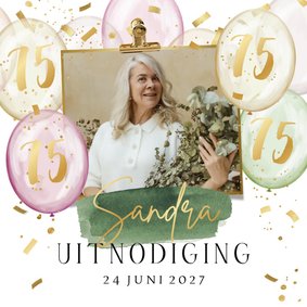 Uitnodigingskaart verjaardag vrouw ballonnen goud confetti