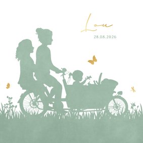 Uniseks geboortekaartje met 2 moeders op een bakfiets