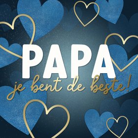 Vaderdag kaart blauwe & gouden hartjes papa je bent de beste