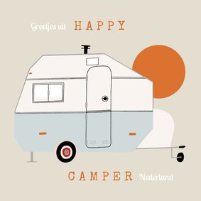 Vakantiekaart happy camper caravan illustratie zon groetjes