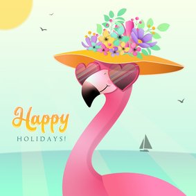 Vakantiekaart happy holidays humor tropisch roze flamingo