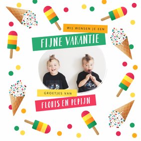 Vakantiekaart ijsjes foto vrolijk kinderen confetti