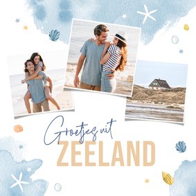 Vakantiekaart schelpen waterverf fotocollage strand