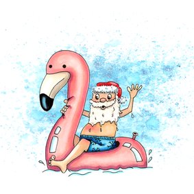 Vakantiekaarten kerstman en opblaasflamingo