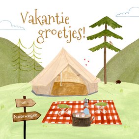 Vakantiekaartje groetjes uit Noorwegen kamperen tent