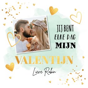 Valentijnskaart met foto watercolour groen goud hartjes