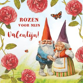 Valentijnskaart met Kabouters tussen de rozen 