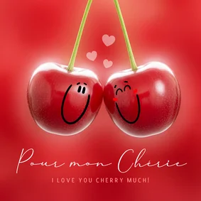 Valentijnskaart met kersen die verliefd tegen elkaar hangen