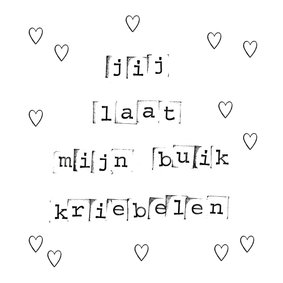 Valentijnskaart met liefdesquote in zwart wit en hartjes