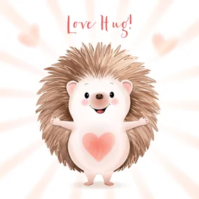 Valentijnskaart met schattige egel die een knuffel geeft