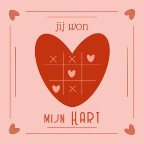 Valentijnskaart met spel en de tekst Jij won mijn hart