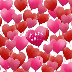 Valentijnskaart met veel ballonnen in hartvorm