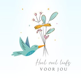 Veel liefs kaartje pastelkleuren vliegende vogel en bloemen 